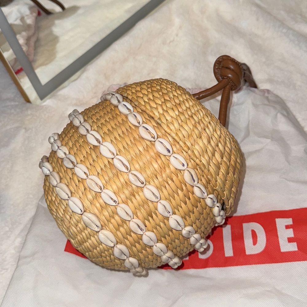 Woven Shell-Trim Wristlet Clutch in Natural